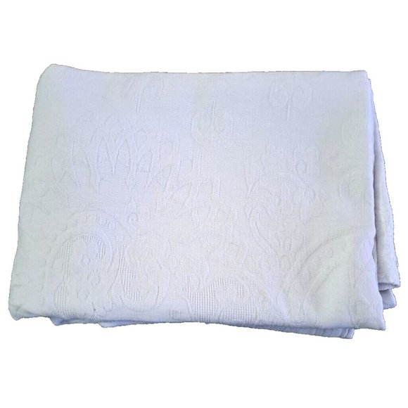 Vintage Tablecloth White 1920s Art Deco Fleur De Lis Rectangular Cotton 77x56 - Picture 1 of 11